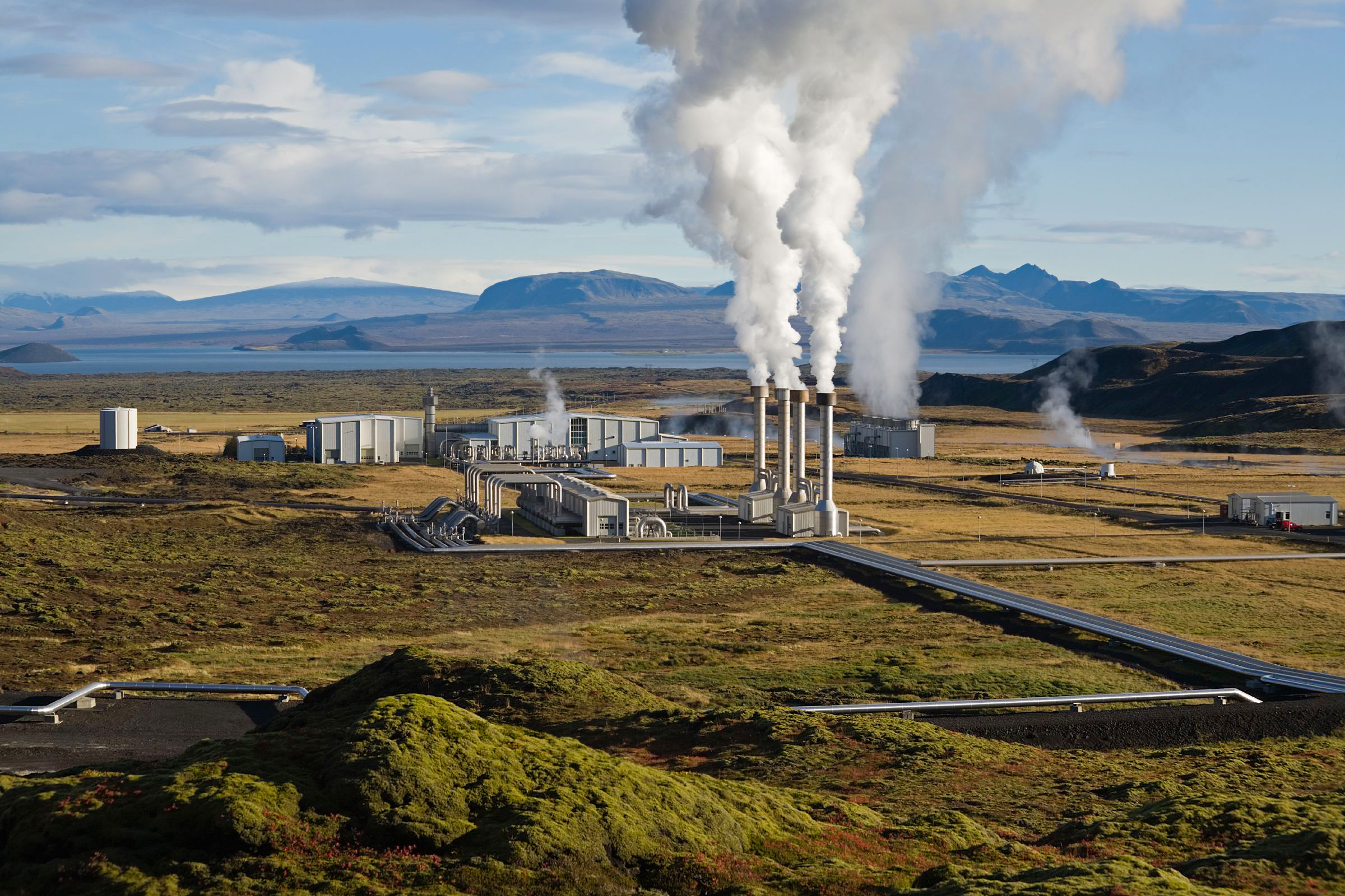 A geothermal power station operating in an Icelandic landscape.